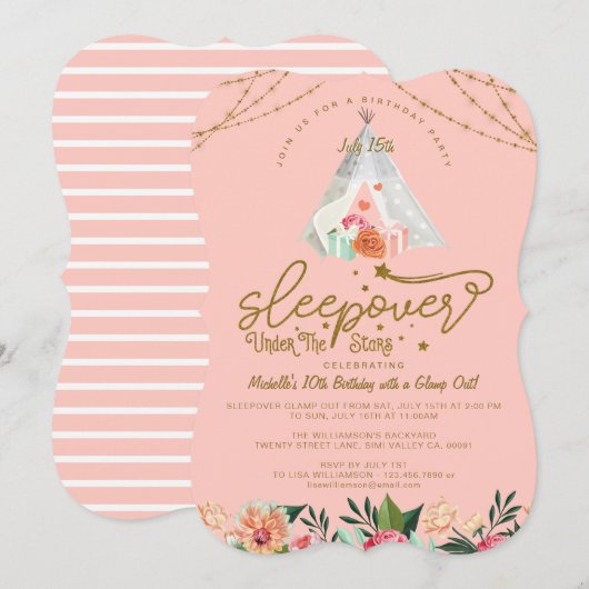 Invitation Sleepover Under the Stars Tepee Pink Gold Annivers (Devant / Derrière)