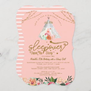 Invitation Sleepover Under the Stars Tepee Pink Gold Annivers