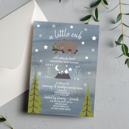 Invitation Sleepy Bear Cub Mountains Watercolor Baby shower