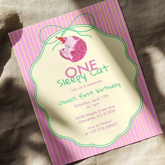 Invitation Sleepy Cat 1st Birthday Yellow Stripe