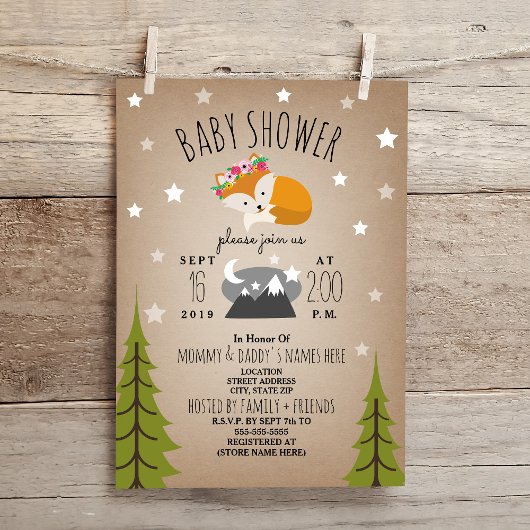 Invitation Sleepy Fox Mountains Girl Baby shower