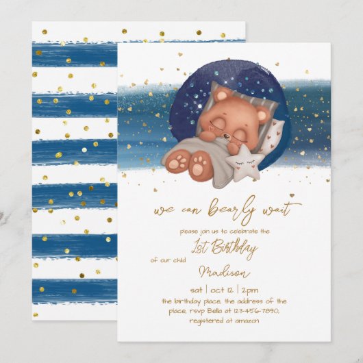 Invitation Sleepy Teddy Bear Baby Boy First Birthday Invitati (Devant / Derrière)