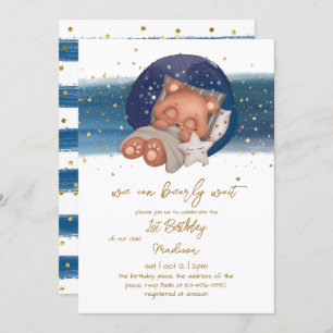 Invitation Sleepy Teddy Bear Baby Boy First Birthday Invitati