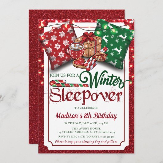 Invitation Slepover d'hiver Fête d'anniversaire Parties scint (Devant / Derrière)