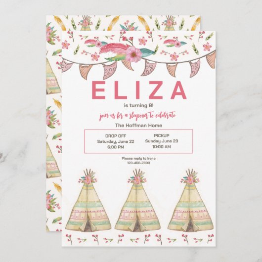 Invitation Slepover Teepee (Devant / Derrière)