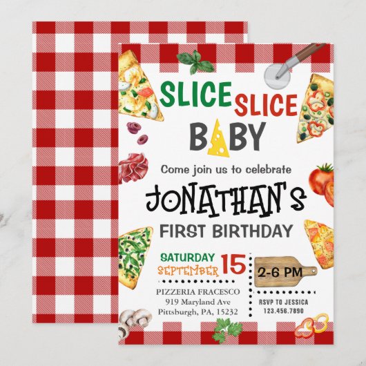 Invitation Slice Baby Pizza Party 1er anniversaire (Devant / Derrière)