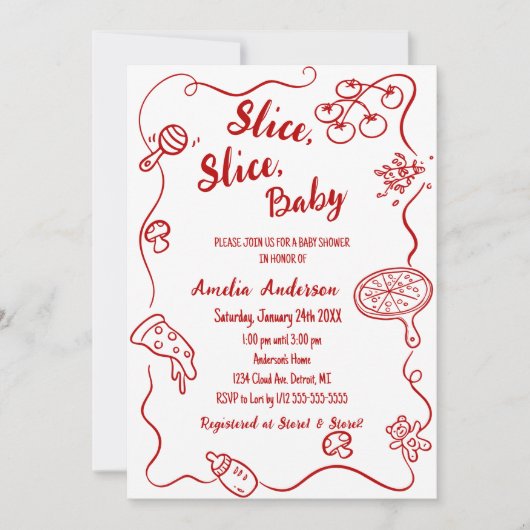 Invitation Slice Slice Baby | Red Doodle Pizza Baby Shower (Devant)
