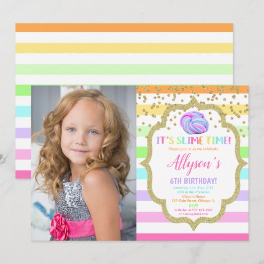 Invitation Slime d'anniversaire photo pastel rainbow girl (Devant / Derrière)