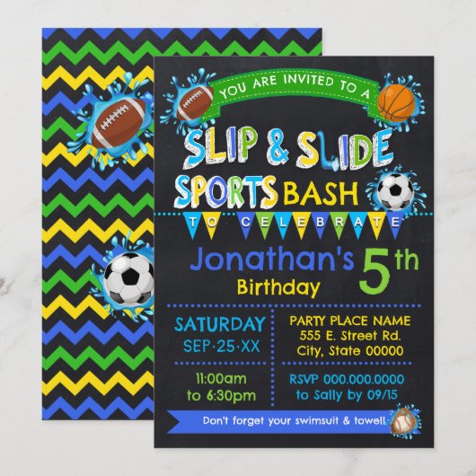 Invitation Slip bleu & Slide Sports Anniversaire Fête d'été (Devant / Derrière)