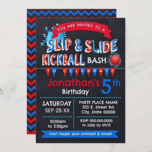Invitation Slip et Slide Kickball Anniversaire Rouge Blanc Bl (Devant / Derrière)