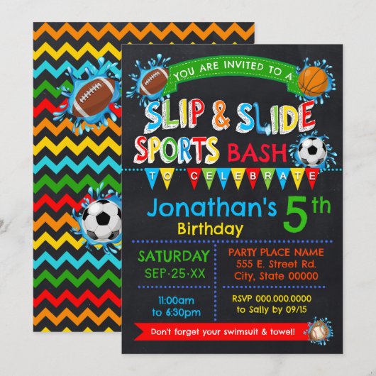 Invitation Slip & Slide Sports Anniversaire Basse Couleurs pr (Devant / Derrière)
