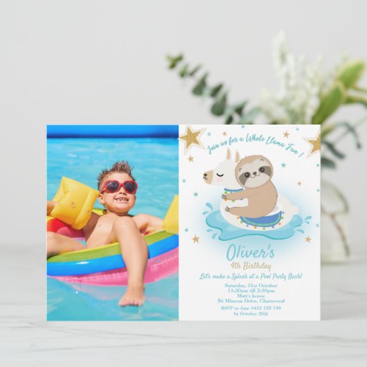 Invitation Sloth and Llama Pool Party Birthday Boy Photo (Debout devant)