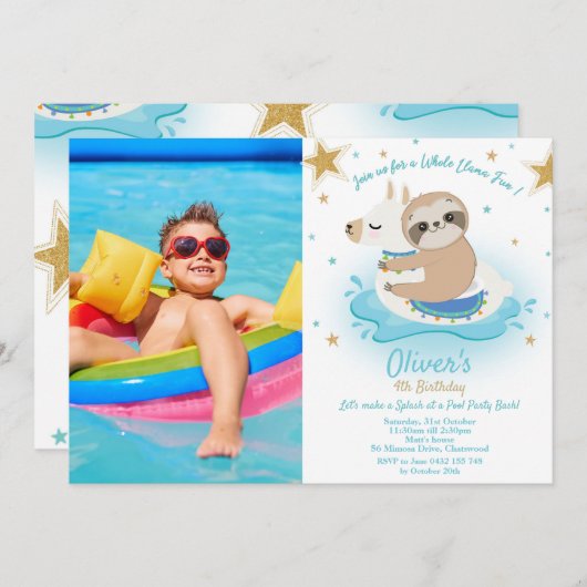 Invitation Sloth and Llama Pool Party Birthday Boy Photo (Devant / Derrière)