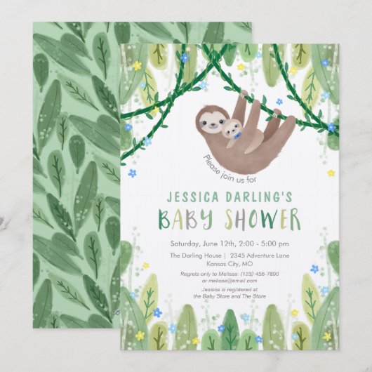 Invitation Sloth Baby Boy Bow Cravate douche Jungle Thème (Devant / Derrière)