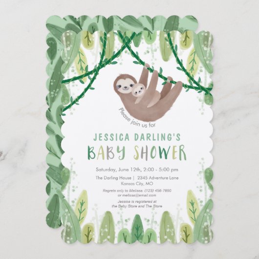 Invitation Sloth Baby Boy Douche Jungle Thème (Devant / Derrière)