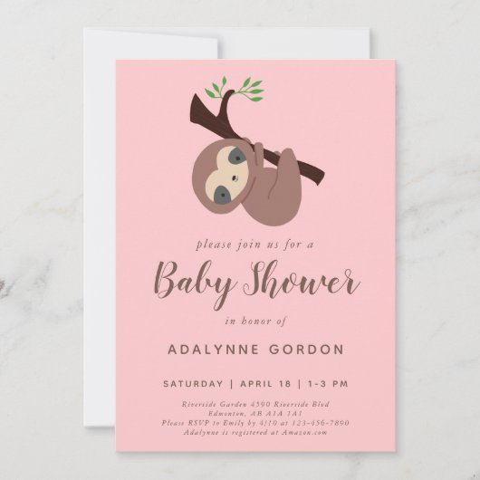 Invitation Sloth Baby shower Girl rose Brown mignonne (Devant)