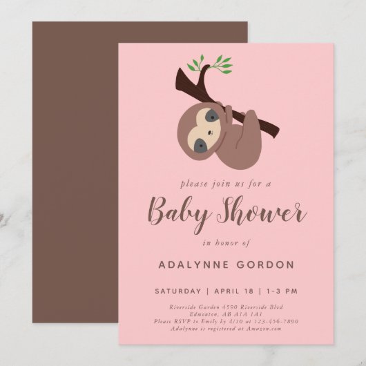 Invitation Sloth Baby shower Girl rose Brown moderne simple (Devant / Derrière)