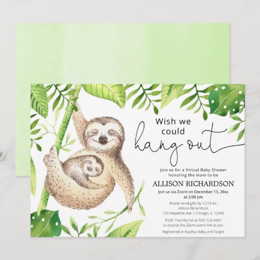 Invitation Sloth baby shower virtuel sexe neutre mignonne (Devant / Derrière)