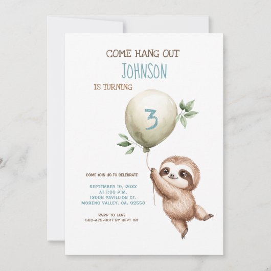 Invitation Sloth Birthday Come Hang Out 1st Birthday (Devant)