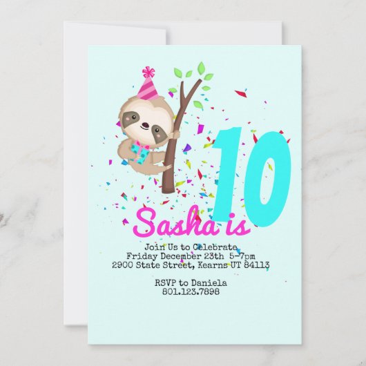 Invitation Sloth Birthday Girl Custom Theme Party (Devant)