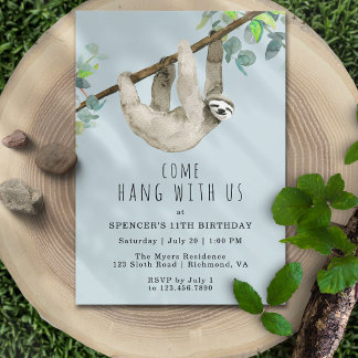 Invitation Sloth Come Hang | Sky Blue Fun Anniversaire de enf
