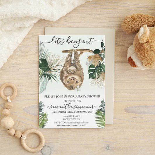 Invitation Sloth Hang Out Baby shower Feuilles d'aquarelle