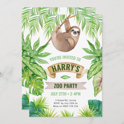 Invitation Sloth Invitation, zoo (Devant / Derrière)