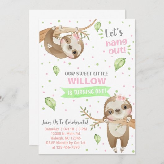 Invitation Sloth paresse l'invitation d'anniversaire fille, n (Devant / Derrière)