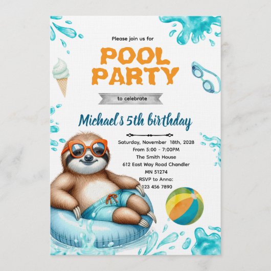Invitation Sloth Pool Party Birthday Invite (Devant)