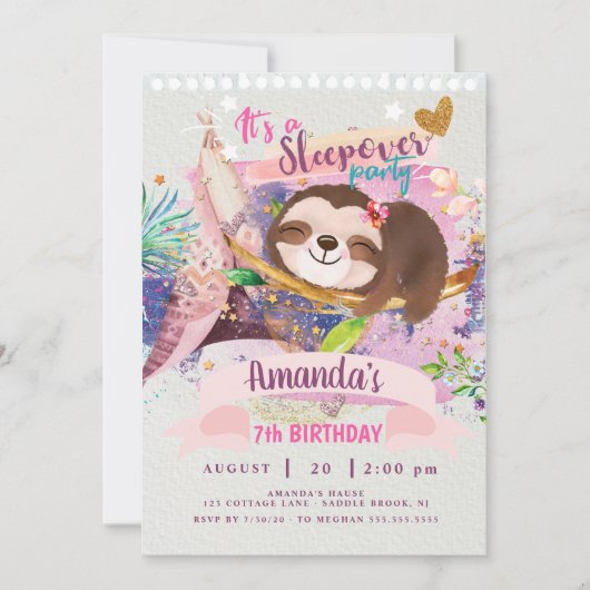 Invitation Sloth Sleepover Invitation, Sloth Teepee Invitatio (Devant)