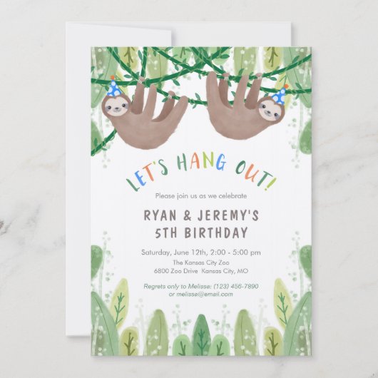 Invitation Sloth TWIN BOYS Fête d'anniversaire en bleu et bla (Devant)