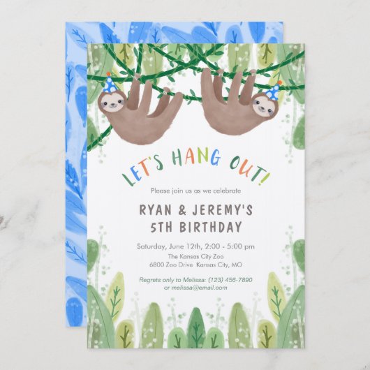 Invitation Sloth TWIN BOYS Fête d'anniversaire en bleu et bla (Devant / Derrière)