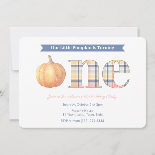 Invitation Smart Citrouille Madras Plaid Boy 1ère fête d'anni (Devant)