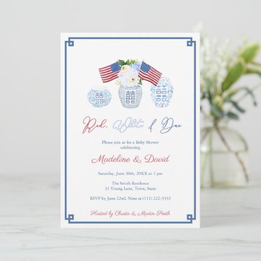 Invitation Smart Red White Due Chinoiserie Baby shower Party (Debout devant)
