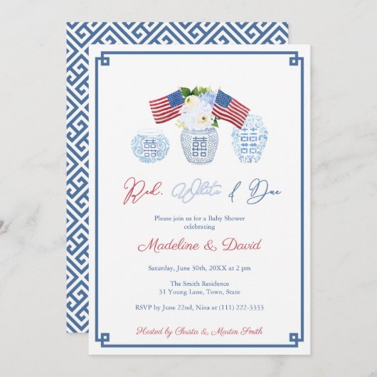 Invitation Smart Red White Due Chinoiserie Baby shower Party (Devant / Derrière)