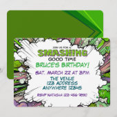Invitation Smashing Green Purple Comic Birthday (Devant / Derrière)