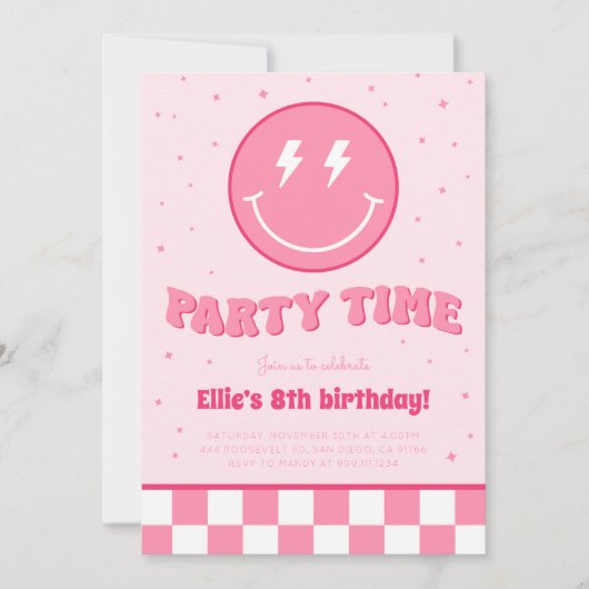 Invitation Smiley Preppy Visage Girl rose Anniversaire Invita (Devant)