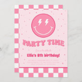 Invitation Smiley Preppy Visage Girl rose Anniversaire Invita (Devant / Derrière)