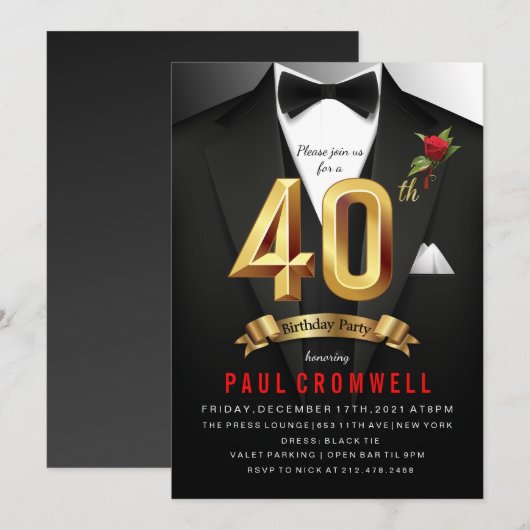 Invitation smoking 40 ans (Devant / Derrière)