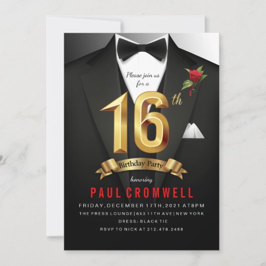 Invitation smoking pour 16 ans Fête Sweet 16 (Devant)