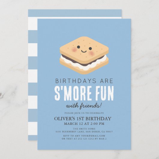 Invitation S'more Fun Kawaii Blue Boy 1er anniversaire (Devant / Derrière)