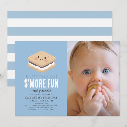 Invitation S'more Fun Kawaii Blue Boy 1er Birthday Photo (Devant / Derrière)