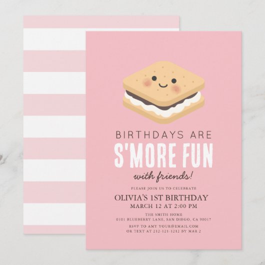 Invitation S'more Fun Kawaii Rose fille 1er anniversaire (Devant / Derrière)