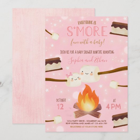 Invitation S'more Pink Girl Bonfire Baby shower (Devant / Derrière)