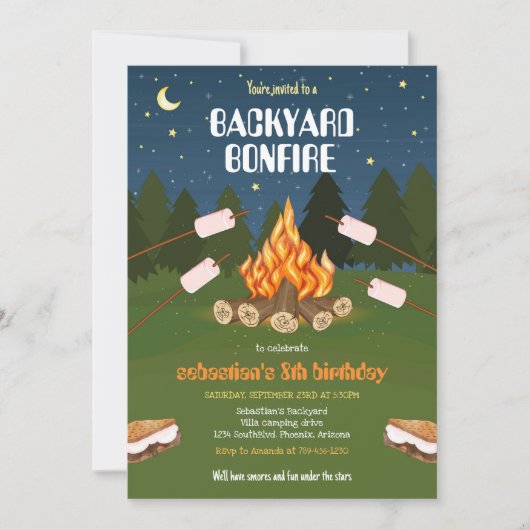 Invitation S'mores Backyard Camping Bonfire Birthday  (Devant)