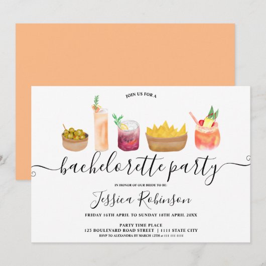 Invitation Snacks modernes cocktails aquarelle bachelorette (Devant / Derrière)