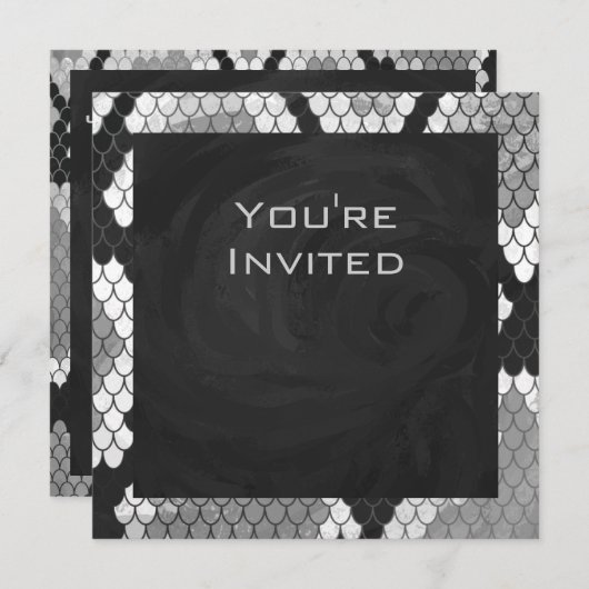 Invitation Snakeskin Gris, blanc et noir Monogramme (Devant / Derrière)