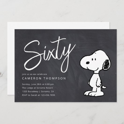 Invitation Snoopy d'arachides - Chalkboard 60e anniversaire (Devant / Derrière)