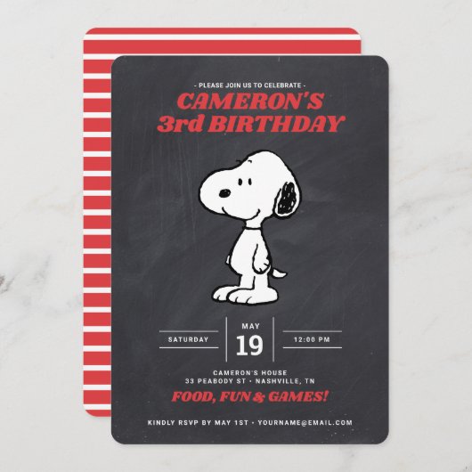 Invitation Snoopy d'arachides - Chalkboard Anniversaire Invit (Devant / Derrière)