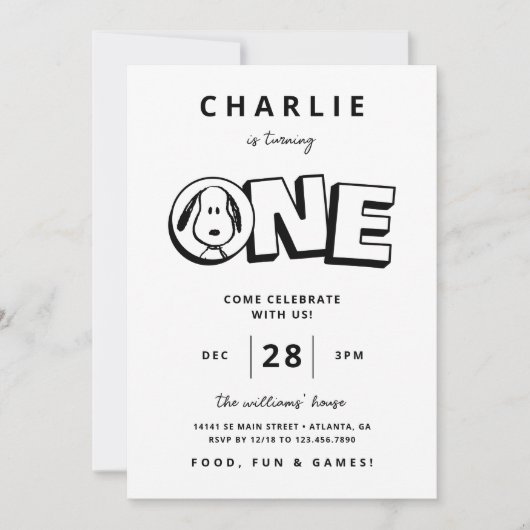 Invitation Snoopy noir et blanc simple Premier anniversaire (Devant)